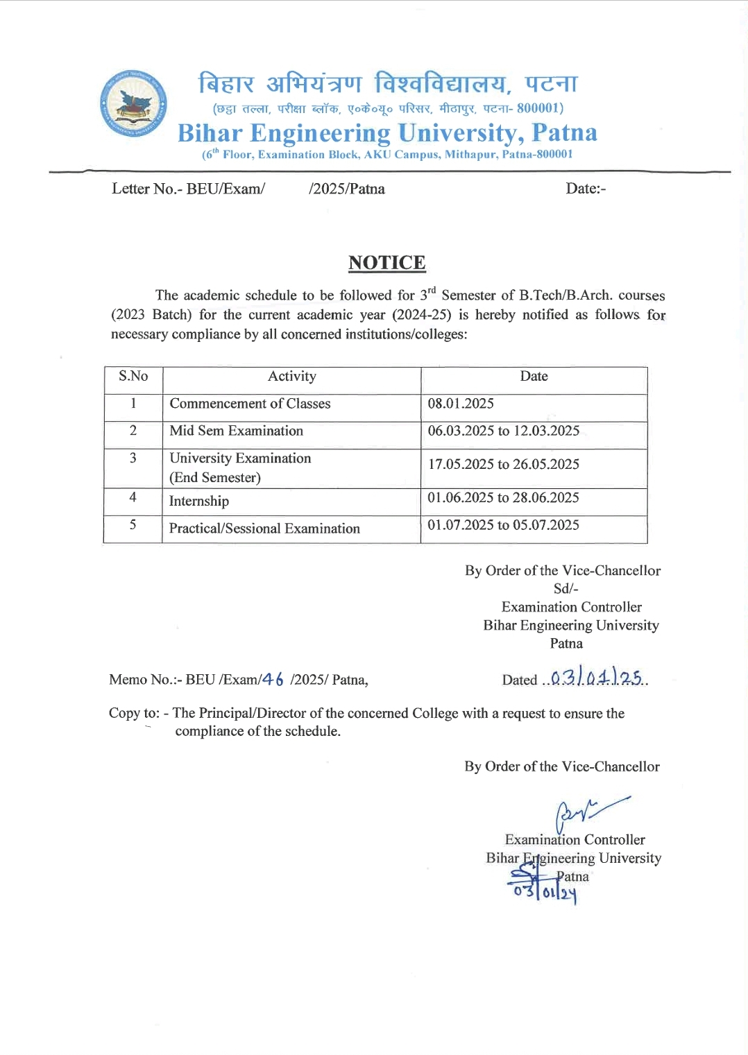 3rd [2023] Sem Classes Notice